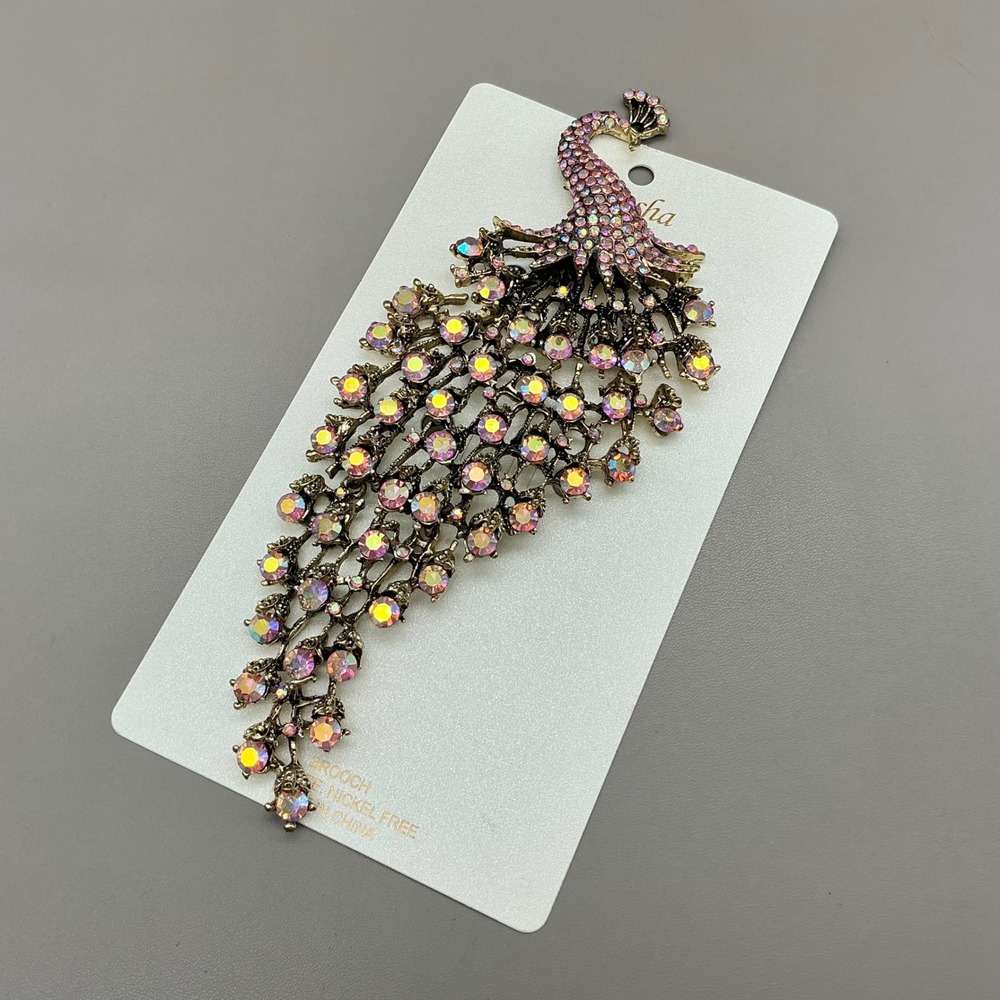 Natasha Brooch Pink Aurora Borealis Rhinestone Peacock Gold Tone Statement 6.25"